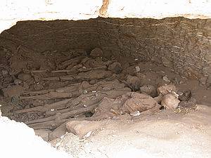 Algunas momias conservadas en una de las tumbas de poca romana en la necrpolis de El Mozawaka. Oasis de Dakhla.