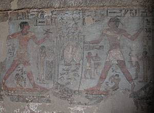 Escena de caza y pesca de la tumba 25/26 de Sabni y Mekhu (Meju), inspectores del Alto Egipto durante la VI Dinastía bajo el reinado de Pepi II. Qubet el-Hawa, Aswan. 